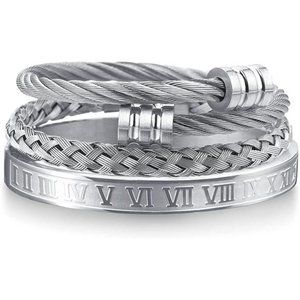 3PCS Stainless Steel Bracelets for Men Gold Roman Numeral Bangle Bracelet Cable